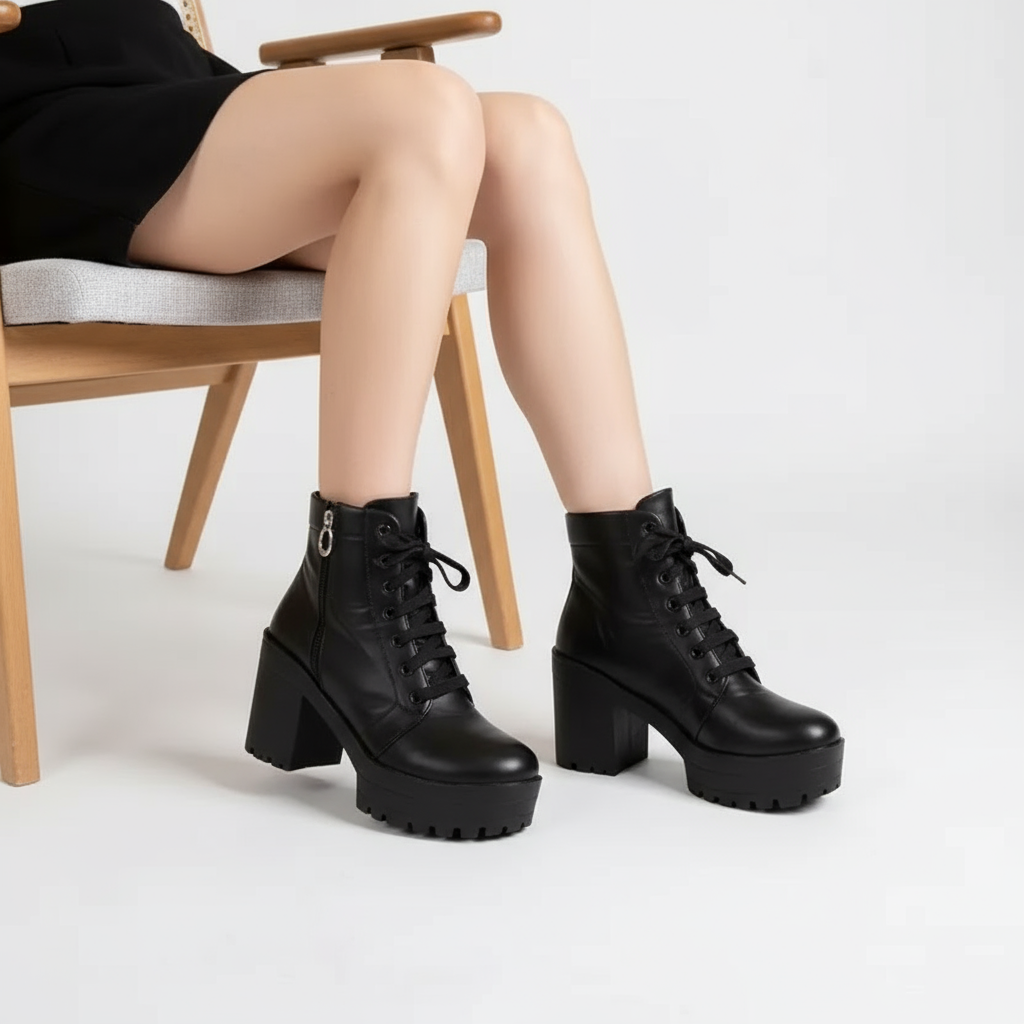 Black Lace-Up Block Heel Ankle Boot (Paris Black)